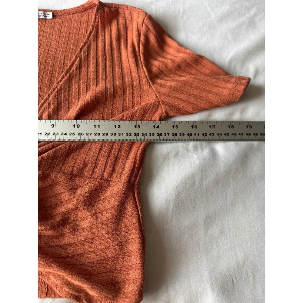Zara Ribbed Twist Front Crop Top Small Burnt Orange Short Sleeve Boho Indie Chic - Picture 6 of 9